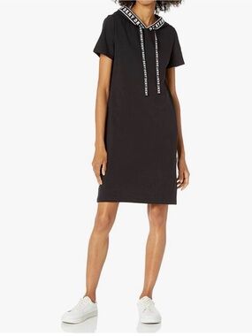 Dkny Black Short-Sleeve Hooded Sweatshirt Dress with Logo Trim